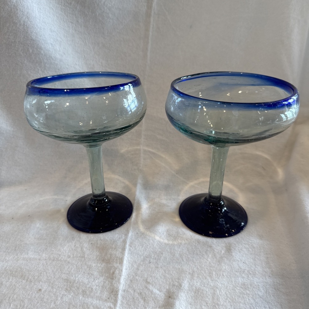 Mexican Hand Blown Margarita Glasses Set of 2 w/ Cobalt Rim Bubbles 6.75" Tall